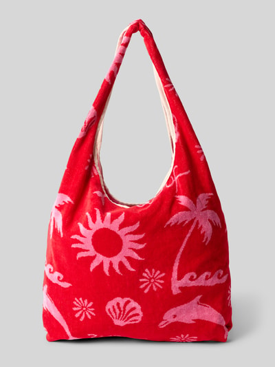 Produktfoto, Umhängetasche mit Label-Patch Modell 'Tulum' von WOUF aus Reine Bio-Baumwolle in Rot mit weißen Tropeninsel-Design-Motiven, offenes Hauptfach, Tragehenkel, Breite 38 cm, Länge 38 cm, Tiefe 2 cm, Länge Schulterriemen 65 cm.