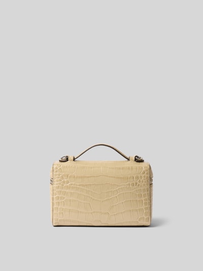 Produktfoto, Handtasche mit Krokodil-Prägung von Tory Burch in Beige, sichtbares Logo-Detail, strukturierte Oberfläche, neutraler Hintergrund