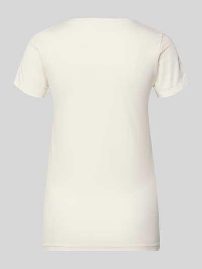 Frauenmodel trägt Slim Fit Pyjama-Oberteil mit Statement-Print von Skiny aus Baumwoll-Mix, uni cremefarben, Ganzkörperansicht Rückansicht.