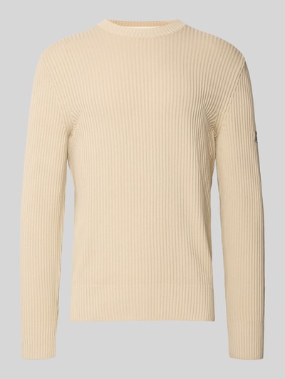 Produktfoto, Regular Fit Strickpullover aus reiner Baumwolle von Marc O'Polo, Optik: Unifarben, Struktur, Label Patch, Rippstrick, beige.