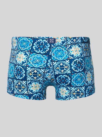 Produktfoto, Badehose im Allover-Look Modell 'MAIOLICA' von HOM, blau gemustert, Material-Mix mit Stretch-Anteil, elastischer Bund, Tunnelzug