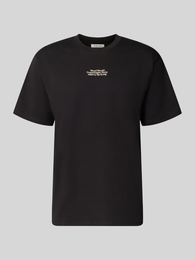 Produktfoto, Regular Fit T-Shirt aus reiner Baumwolle Modell 'Oliver' von Wood Wood in Schwarz, Logo-Stitching, glatte Oberfläche