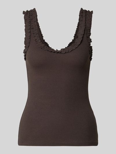 Produktfoto, Trägertop mit Rundhalsausschnitt und Rüschen von Copenhagen Muse in Dunkelbraun, Ripp-Optik, Slim Fit, Baumwoll-Elasthan-Mix.