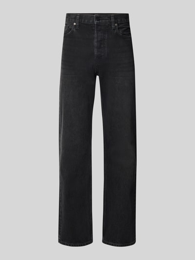 Produktfoto, schwarze Straight Fit Jeans aus reiner Baumwolle Modell 'MAADOX' von ARMEDANGELS, glatte Oberfläche, klare Nähte, Herren Straight Fit Jeans von ARMEDANGELS