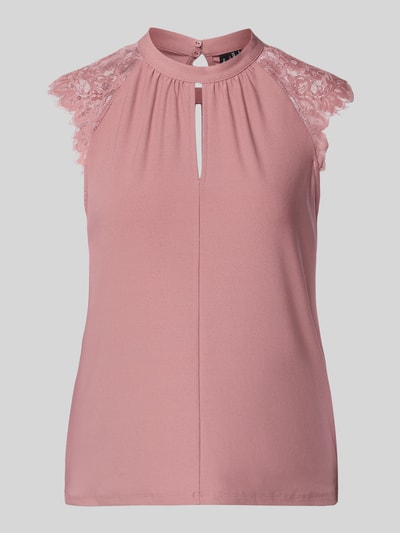 Productfoto, Regular Fit Blusentop mit Spitze Modell 'MILLA' van Vero Moda, look: effen, pasvorm: regular fit, kraagmodel: opstaande kraag, sluiting: 2-knoopsluiting aan de achterkant, details: details van kant aan de kapmouwen, rugdecolleté: druppelvormige cut-out.