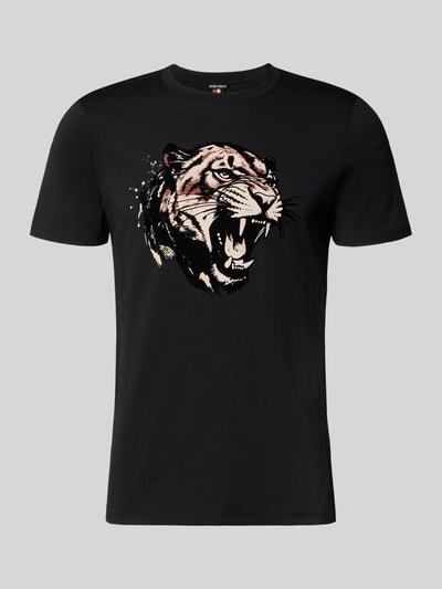 Produktfoto, Regular Fit T-Shirt mit Motiv-Print von Antony Morato, Herren T-Shirt aus Baumwoll-Mix, Rundhalsausschnitt, Rückenlänge 64 cm, schwarz mit Tiger-Motiv.
