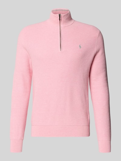 Produktfoto, Regular Fit Troyer aus reiner Baumwolle von Polo Ralph Lauren, Optik: Unifarben in Rosa, Piqué-Struktur, Logo-Detail, Troyer-Kragen, kurzer Reißverschluss, Langarm, gerippte Abschlüsse, Materialverarbeitung: Piqué, Material: reine Baumwolle