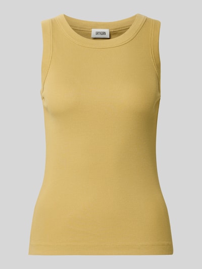 Produktfoto, gelbes Tanktop in Ripp-Optik Modell 'OLINA' von Drykorn aus reiner Baumwolle, Slim Fit, mit Rundhalsausschnitt, 58 cm Rückenlänge