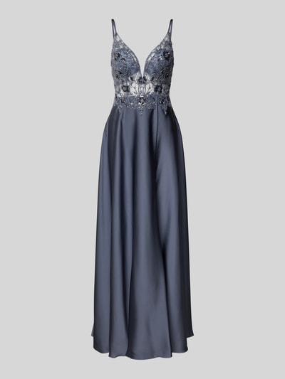 Produktfoto, Abendkleid mit floralem Ziersteinbesatz von Laona, dunkelblaues semitransparentes Design, V-Ausschnitt, Spaghetti-Träger, taillierte Passform, floraler Ziersteinbesatz, glatte und leicht glänzende Textur, Rückenlänge bei Größe 36: 121 cm, Brustweite bei Größe 36: 32 cm.