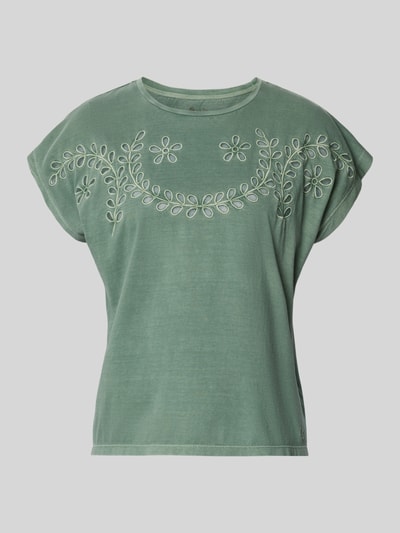 Produktfoto, Regular Fit T-Shirt aus reiner Baumwolle Modell 'MINA' von Pepe Jeans in Grün mit Lochstickerei, Rundhals, kurzarm, unifarben.
