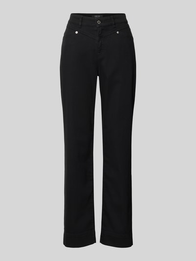 Produktfoto, Feminine Fit Jeans mit Eingrifftaschen von Marc Cain aus schwarzem Baumwoll-Elasthan-Mix, Regular Waist, glatte Textur, Bundweite 39 cm, Innenbeinlänge 78 cm, Größe 36.