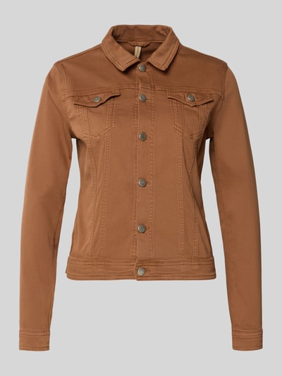 Produktfoto, Jeansjacke mit Pattentaschen Modell 'Erna' von Soyaconcept in Braun, Baumwoll-Mix mit Stretch-Anteil, Körpernaher-Schnitt, Kentkragen, Knopfleiste, Knopfverschluss, glatte Struktur, klare Nähte, Größe S: Rückenlänge 51 cm, Schulterbreite 35 cm, Brustweite 43 cm, Ärmellänge 62 cm