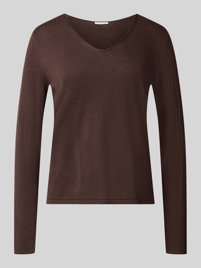 Produktfoto, brauner Regular Fit Pullover aus Baumwoll-Mix von Tom Tailor, feine Strickstruktur vor grauem Hintergrund, Damen Pullover von Tom Tailor
