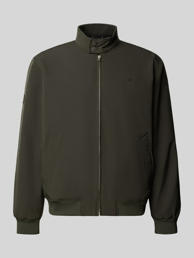 Produktfoto, Regular Fit Jacke mit Logo-Stitching Modell 'HARRINGTON' von Superdry in Dunkelgrün, Stehkragen, Reißverschluss, glatte Textur, elastischer Material-Mix