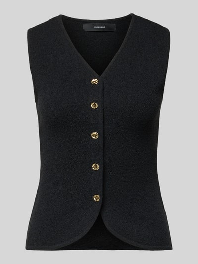 Produktfoto, Slim Fit Weste mit Baumwoll-Anteil Modell 'SILVIA' von Vero Moda in Schwarz, unifarbene Frottee-Struktur, goldfarbene Knopfleiste