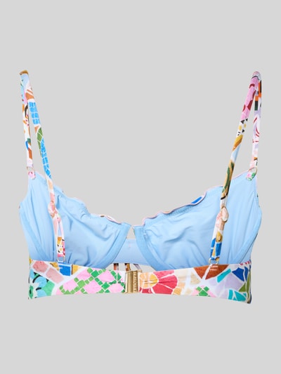 Frauenmodel trägt Bikini-Oberteil im Allover-Look Modell 'BEACH BOHÈME' von Seafolly mit buntem Farbverlauf, Material-Mix mit Stretch-Anteil, Körpernahe Passform, Ganzkörperansicht Rückansicht.