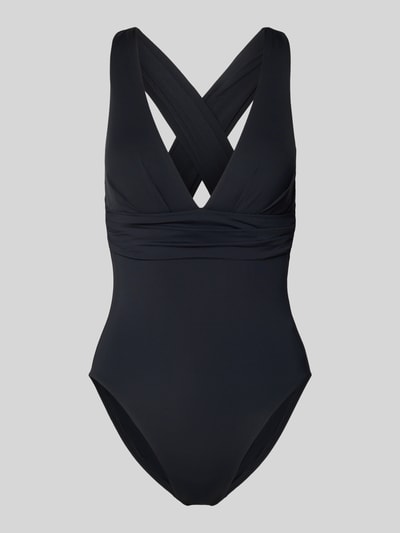Produktfoto, Body mit V-Ausschnitt von Seafolly in Schwarz, körpernah geschnitten, Material-Mix mit Raffungen, dezente Struktur.