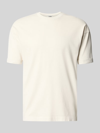 Produktfoto, T-Shirt mit Ärmelaufschlag und Rundhalsausschnitt von Drykorn aus Reine Baumwolle in Weiß, Regular-Fit, Rückenlänge 70 cm bei Größe M.