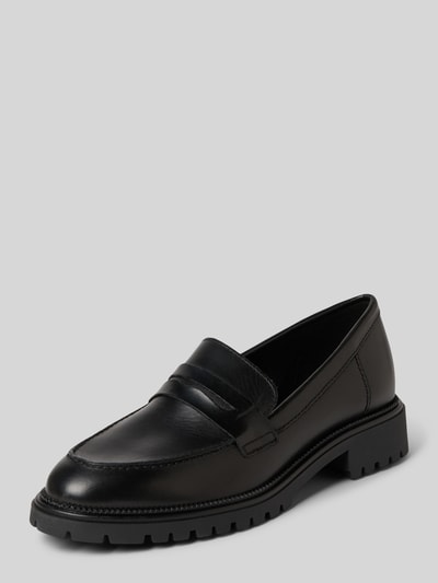 Produktfoto, Slipper aus echtem Leder Modell 'Chunky Loafer' von Tamaris in effen zwart met blokhak, profiele zool, reliëflogo, glad leer/suède.