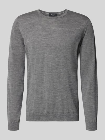 Produktfoto, Strickpullover aus Schurwolle mit Rundhalsausschnitt von MAERZ Muenchen, grau, feine Textur, Regular Fit, Label-Detail sichtbar