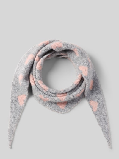 Produktfoto, Schal mit Woll-Anteil Modell 'Herz' von Kurt Beines, grauer Strick mit rosa Herzen, dreieckige Form, elastischer Material-Mix