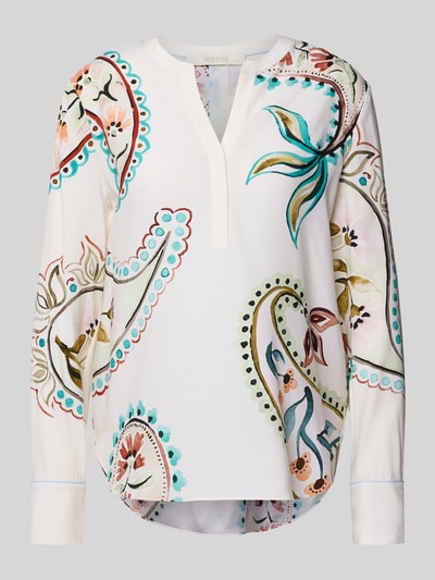 Produktfoto, Relaxed Fit Tunika-Bluse mit Allover-Paisley-Print von HERZENS, weiße langärmelige Damen Tunika mit Tunika-Ausschnitt, verlängerter Rückseite, Rückenlänge 70 cm, Ärmellänge 64 cm, bunte Paisley-Muster und fließende Textur