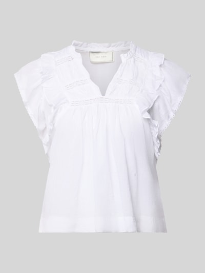 Produktfoto, witte dames blouse van puur katoen met volants en tuniekkraag, recht model, model 'Jayla' van Neo Noir