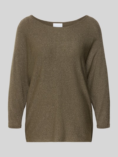 Produktfoto, Strickshirt aus Viskose-Mix mit 3/4-Arm von comma, kolor złoty, krój regular fit, błyszcząca faktura, dekolt okrągły, długość tyłu w rozmiarze 36: 61 cm, długość rękawa w rozmiarze 36: 50 cm