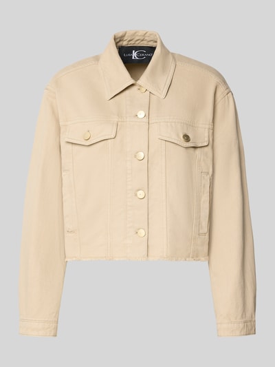 Produktfoto, beige Jeansjacke mit Brusttaschen und Fransen von Luisa Cerano im Baumwoll-Lyocell-Mix, goldene Knöpfe, Regular Fit