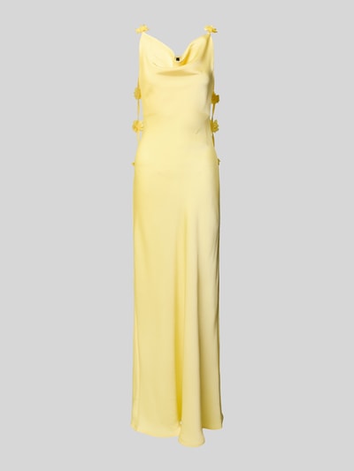 Produktfoto, fließendes Maxikleid mit Blumenapplikationen Modell 'ANALEI' von Vero Moda, Optik: Unifarben, Passform: fließend, Länge: Maxi, Wasserfall-Ausschnitt, Trägerform: verstellbare Spaghettiträger, Materialverarbeitung: Satin, zartes Gelb, glatte Oberfläche, weicher Fall.