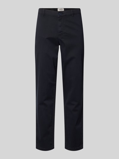 Produktfoto, Straight Fit Chino mit Eingrifftaschen Modell 'Vance' von Jack & Jones w granatowym kolorze, bawełniana elastyczna tkanina, krój straight fit, kieszenie boczne i tylne, zapięcie na guzik i zamek, szerokość w rozmiarze 32/32: 43 cm, długość wewnętrzna nogawki: 67 cm