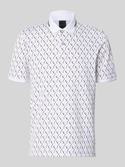 Produktfoto, Slim Fit Poloshirt im Allover-Look von bugatti, weiß mit buntem Muster, Baumwoll-Mix mit Stretch-Anteil, Knopfleiste, Rückenlänge 71 cm bei Größe M