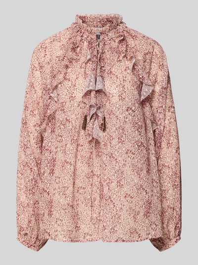 Produktfoto, Regular Fit Bluse mit Rüschen und Schnürung von Jake*s Collection im Allover-Look, zarte Rüschen, Stehkragen, fein gemusterter Stoff, sanfte Creme- und Rosétöne, Damen Bluse in lockerer Passform, strukturierte Oberfläche.