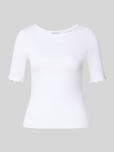 Produktfoto, T-Shirt mit Rundhalsausschnitt und Muschelsaum von zero, damski t-shirt z mieszanki bawełny, dopasowany krój, drobne prążkowanie, okrągły dekolt i faliste wykończenie, długość tyłu w rozmiarze 36: 51 cm