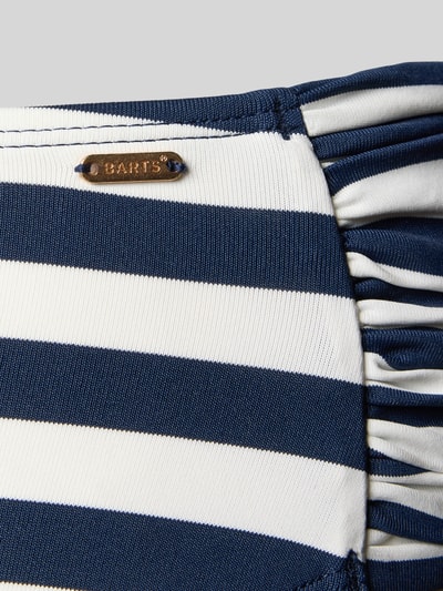 Produktfoto, Mid Waist Bikini-Slip mit Label-Detail Modell 'Yadbor' von Barts, blau-weiße Streifen, seitliche Raffungen, Material-Mix mit Stretch-Anteil