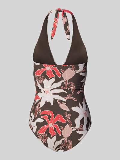 Produktfoto, Badeanzug mit Neckholder Modell 'Camolo' von Barts mit Material-Mix, Stretch-Anteil, Shaping-Fit, V-Ausschnitt, Knoten-Detail, Schnürung, florales Muster, braun-rot-weiß, glatte Textur