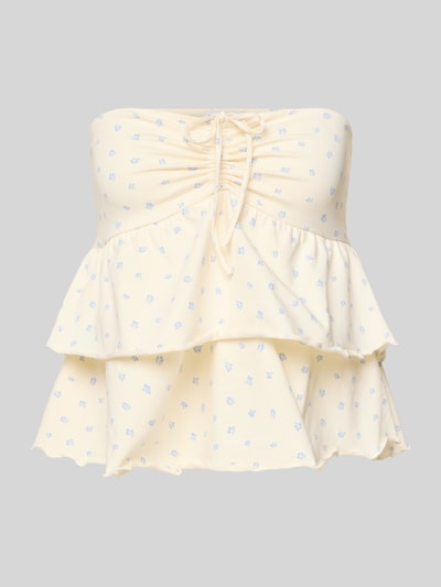 Produktfoto, Bandeau-Top im Stufen-Look mit Schnürung von REVIEW aus Baumwoll-Elasthan-Mix in Gelb mit blauem Blumenmuster, Regular Fit, Rückenlänge 32 cm bei Größe S