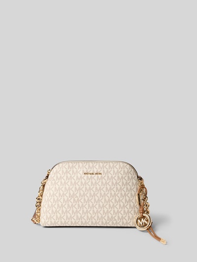 Produktfoto, Handtasche mit Logo-Muster Modell 'FREDDIE' von MICHAEL Michael Kors, beige mit goldfarbenen Details und Schulterriemen, strukturierte Oberfläche