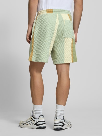 Männermodel trägt Straight Fit Shorts mit Strukturmuster von BLKVIS in Mint mit Creme und Ocker, Elastischer-Material-Mix, Gesäßtasche, Ganzkörperansicht Rückansicht.