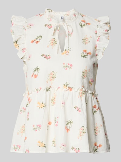 Produktfoto, Regular Fit Schluppenbluse aus reiner Baumwolle Modell 'EMMA' von Pieces, weiß mit Blumenmuster, Volant-Kragen, Schößchen, V-Ausschnitt mit Bindeband, ärmellos, Volantärmel, leichte Struktur