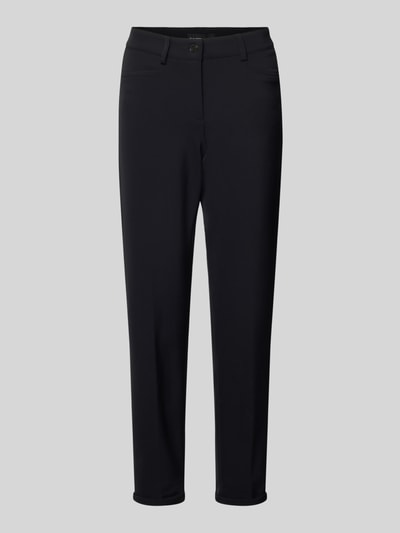 Produktfoto, zwarte Hose mit Paspeltaschen am Gesäß Modell 'RENIRA' van Cambio, materiaal-mix met stretch, verkorte pasvorm, eenvoudige textuur.