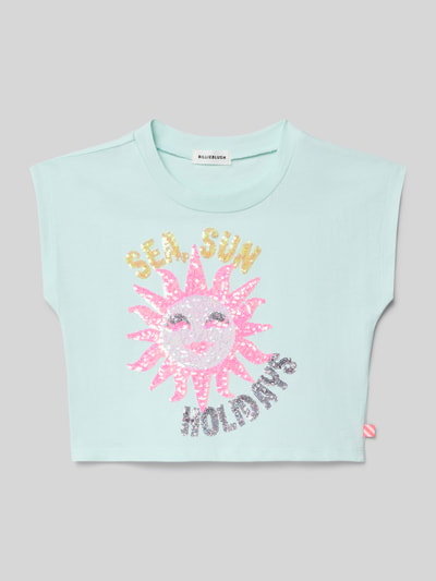 Produktfoto, T-shirt aus reiner katoen van BILLIEBLUSH in lichtblauw met ronde hals, recht model, verkort design, ruglengte maat 116: 35 cm