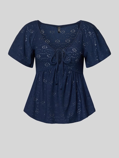 Produktfoto, Slim Fit T-Shirt mit tiefem V-Ausschnitt Modell 'SMILLA' von Only, dunkelblau, floral gemustert, semitransparent, kurzarm, Stretchmaterial