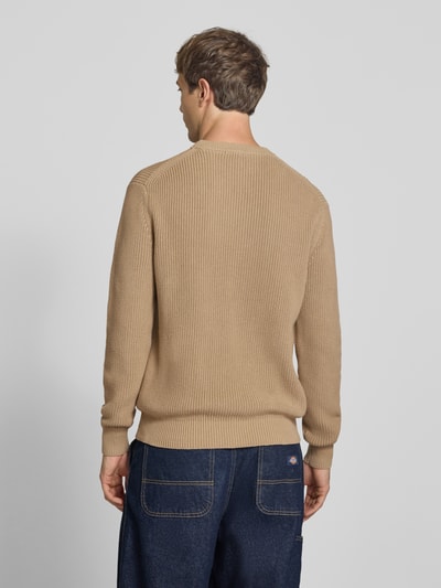 Männermodel trägt Slim Fit Pullover aus reiner Baumwolle in Strick-Optik von Replay, beige Farbe, Rückenansicht, Ganzkörperansicht Rückansicht.