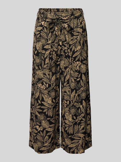 Produktfoto, Culotte aus Viskose mit Bindegürtel von Apricot, schwarze Wide-Leg-Pants mit goldfarbenem Blättermuster, elastischer Bund, französische Eingrifftaschen, Bundweite 33 cm, Innenbeinlänge 50 cm, Reine Viskose, Damen Culotte-Stil