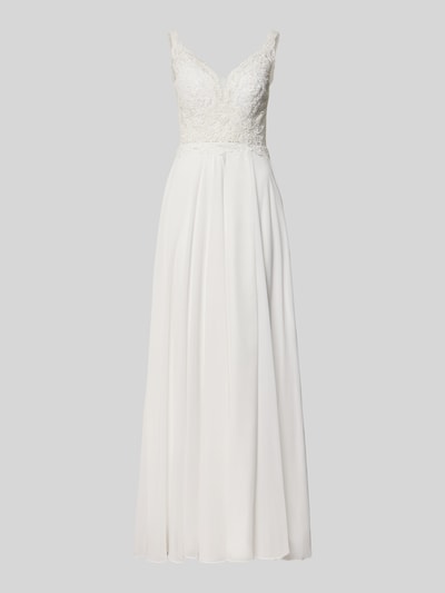 Produktfoto, Brautkleid mit floralem Stitching von Mascara, weiß, taillierte Passform, V-Ausschnitt, ärmellos, semitransparent, feine Stickerei