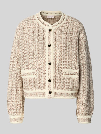 Produktfoto, Regular Fit Jacke mit Strasssteinbesatz von Liu Jo White aus Baumwoll-Mix mit Strukturmuster, Rundhalsausschnitt, Paspeltaschen und durchgehender Knopfleiste, cremefarbene und beige Textur