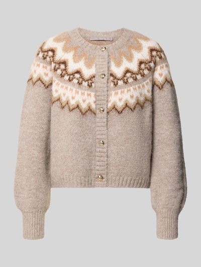 Produktfoto, Strickjacke mit Norweger-Muster und Rundhalsausschnitt von Christian Berg Woman Selection, beige, braun und weiß, Material-Mix mit Woll-Anteil, Knopfleiste, Regular Fit, Damen Strickjacke