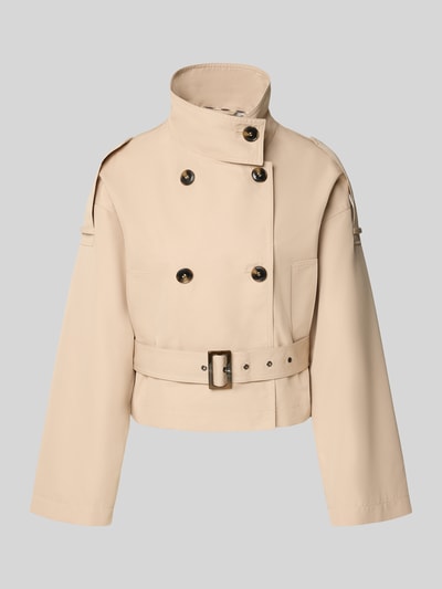 Produktfoto, Kurze Trenchjacke mit Taillengürtel von Jake*s Collection aus beige Baumwoll-Mix mit Stehkragen und doppelreihiger Knopfleiste.