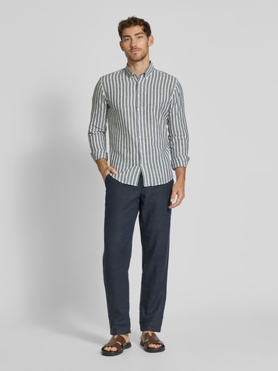 Lindbergh Slim Fit Freizeithemd aus Leinen-Baumwoll-Mix Dunkelblau 1